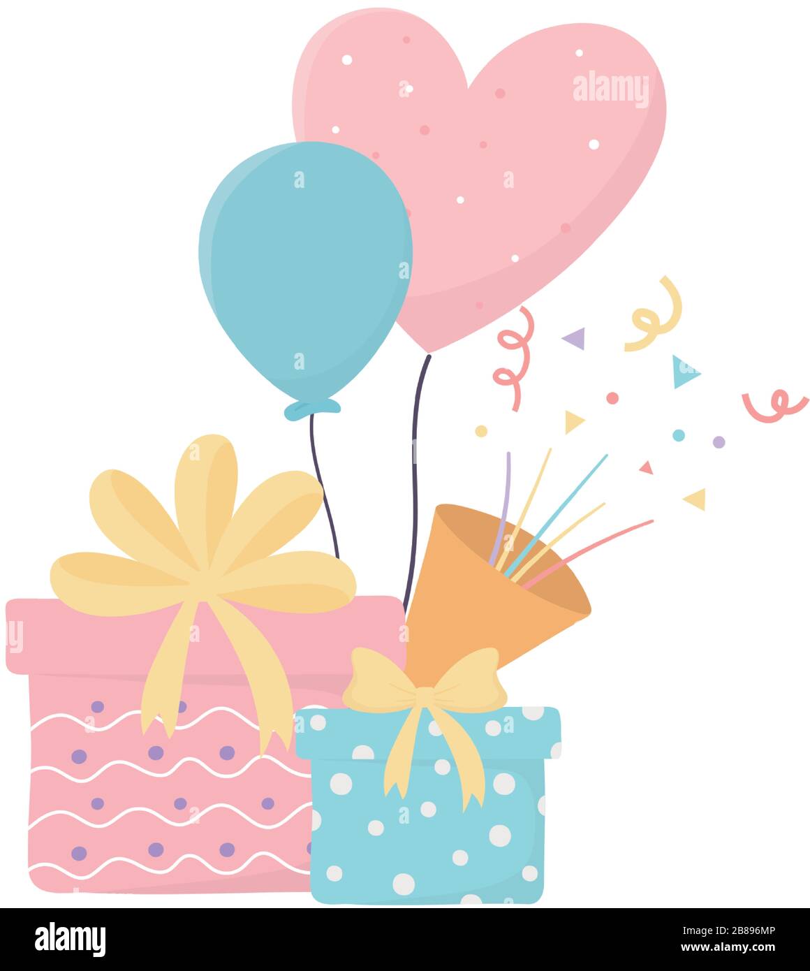 feliz cumpleaños regalos globos cuerno confetty celebración tarjeta de  decoración vector ilustración Imagen Vector de stock - Alamy