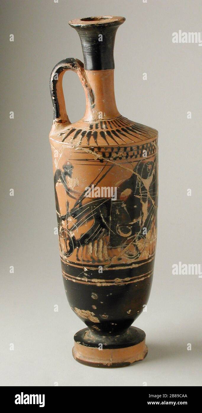Buhardilla Black-Figure un lekytos con una carrera de carros; en inglés:  Grecia, Atenas, circa 470