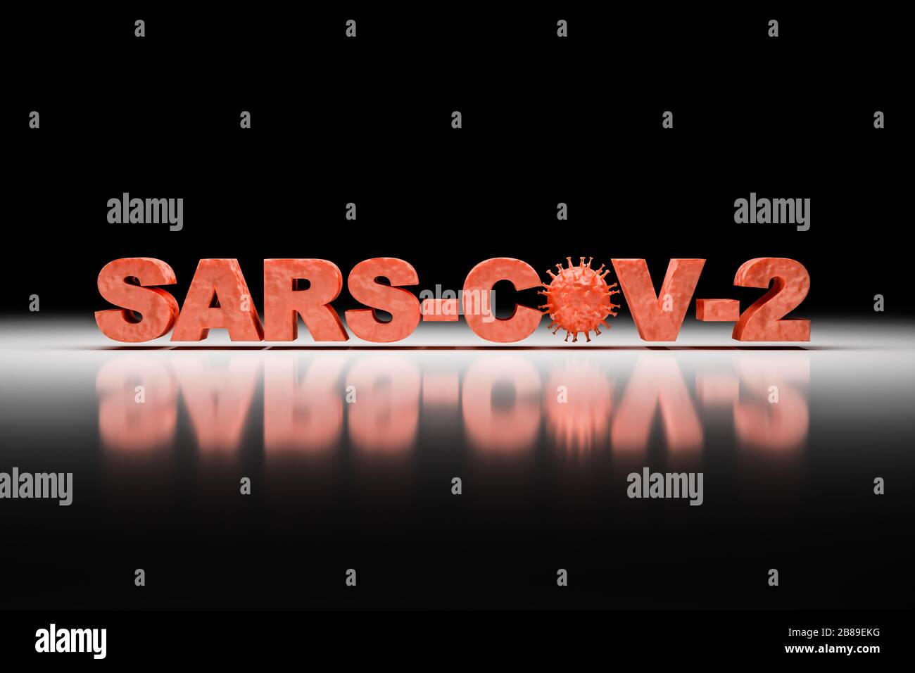 Presentación 3D: Virus Corona - imagen esquemática de los virus de la familia Corona incrustada en el texto 'SARS-COV-2'. Foto de stock