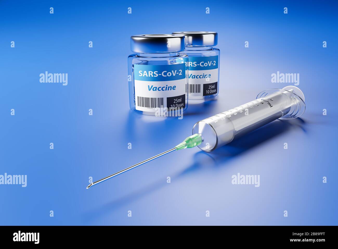 Vacunación contra el nuevo virus de la Corona SARS-CoV-2: Dos recipientes de vidrio con 10 dosis cada uno y una jeringa delante. Foto de stock