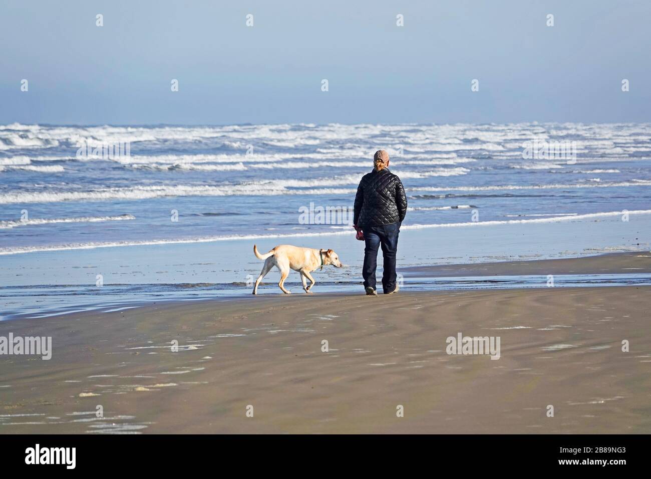 Una mujer caminando a su perro a lo largo de un tramo de playa vacía en la costa del Pacífico de Oregon cerca de la ciudad de Yachats, Oregon. Foto de stock