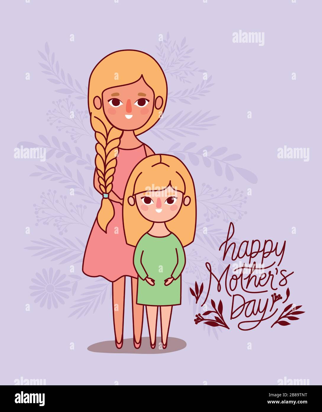 Dibujos animados madre e hija con diseño de vectores de hojas Imagen Vector  de stock - Alamy