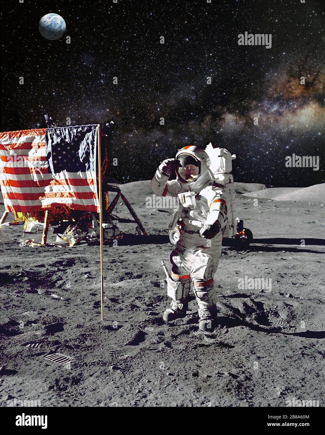 Astronauta en misión lunar (luna) de aterrizaje. Elementos de esta imagen proporcionados por la NASA. Foto de stock