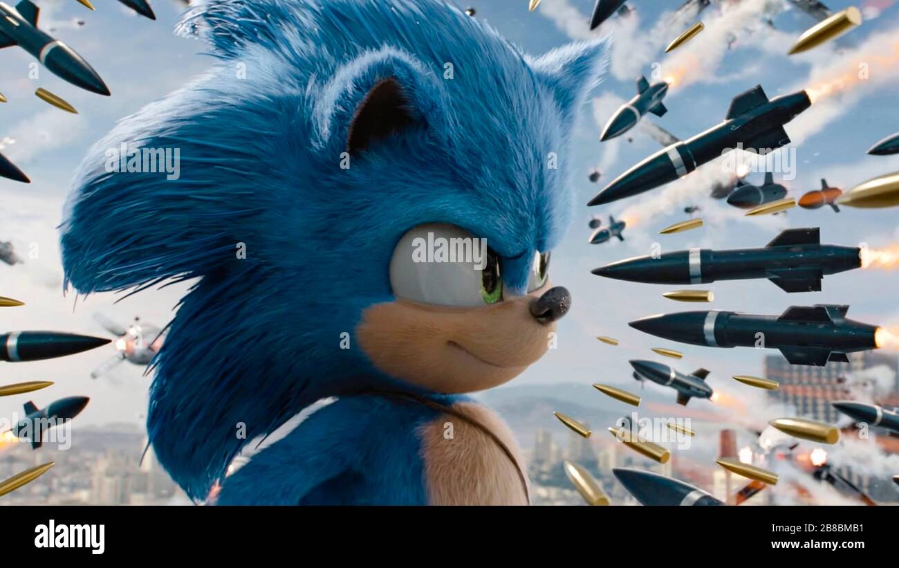 Sonic the Hedgehog (2019) dirigida por Jeff Fowler y protagonizada por Jim Carrey, James Marsden y Neal McDonough. Una gran pantalla para los queridos personajes de los videojuegos de Sega; ¿puede Sonic escapar de las garras del Dr. Robotnik? Foto de stock