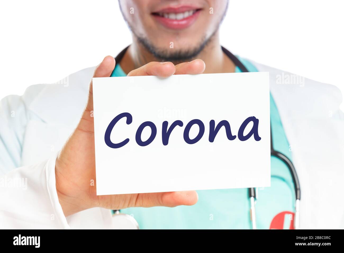 Virus de la corona enfermedad del coronavirus médico enfermo enfermedad salud sana con signo Foto de stock