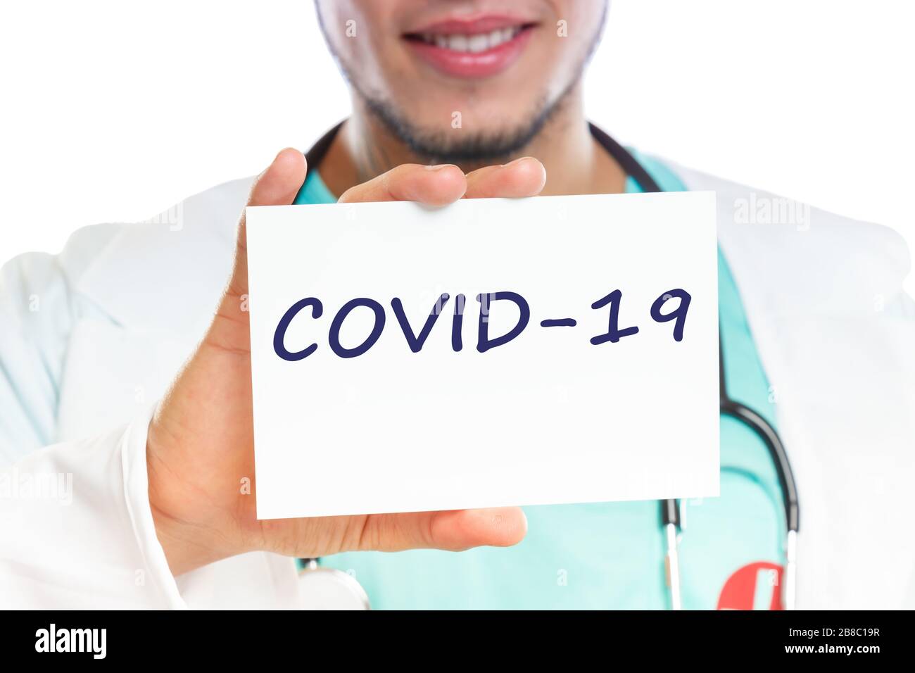 COVID-19 COVID virus de la corona enfermedad del coronavirus médico enfermo enfermedad salud sana con signo Foto de stock
