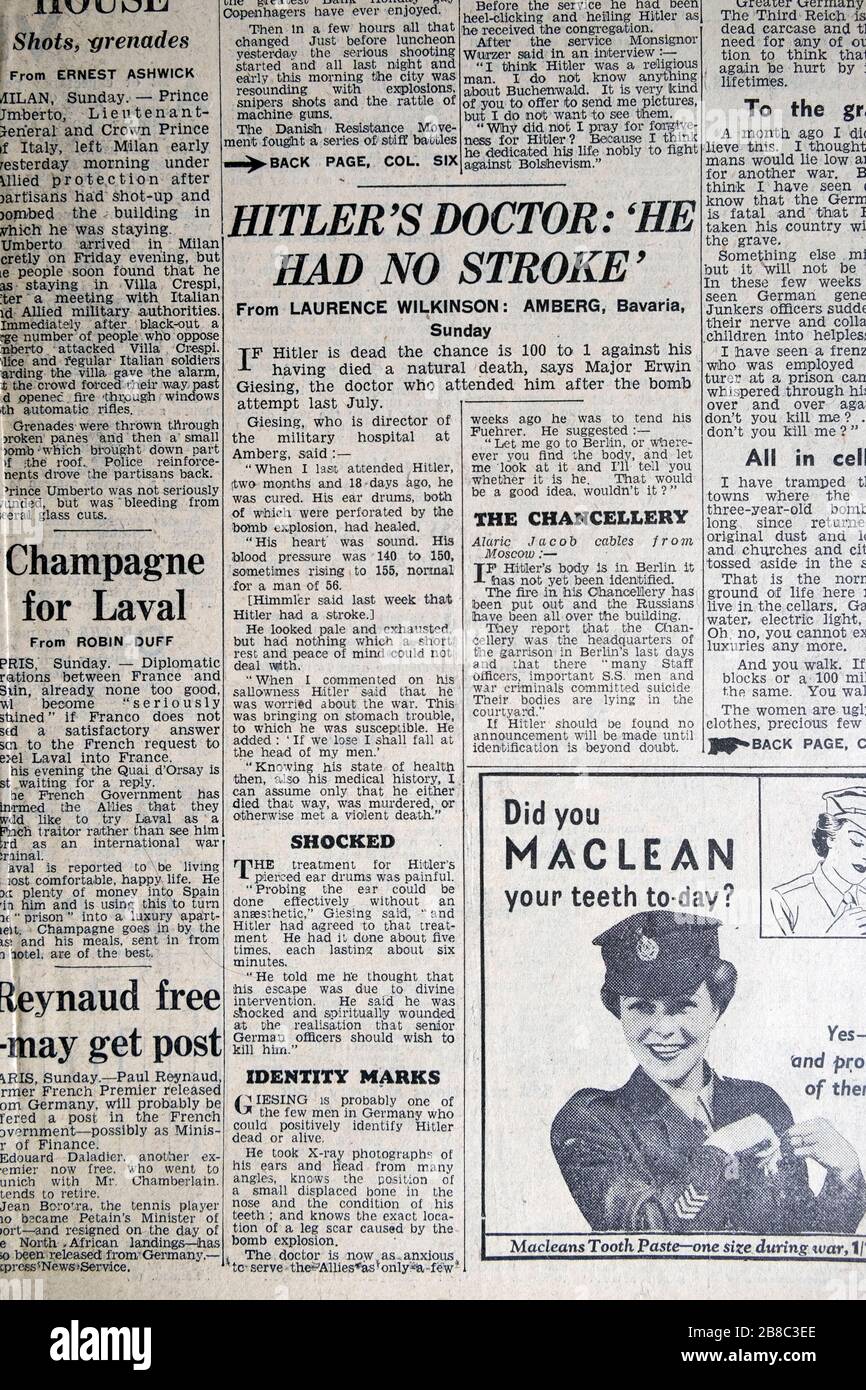 Artículo de la Segunda Guerra Mundial en la página interior del periódico  británico 