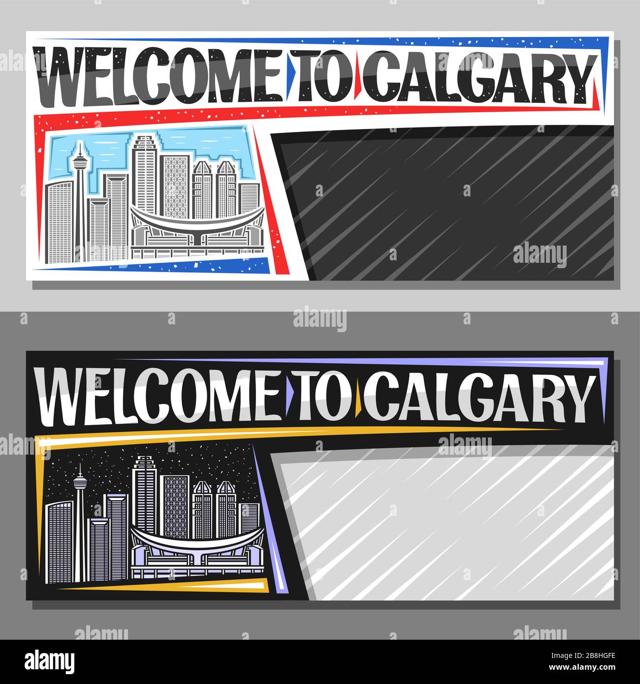 Diseños vectoriales para Calgary con espacio para copias, vale con ilustración lineal del paisaje contemporáneo de la ciudad de calgary de día y noche de fondo del cielo, art d Ilustración del Vector