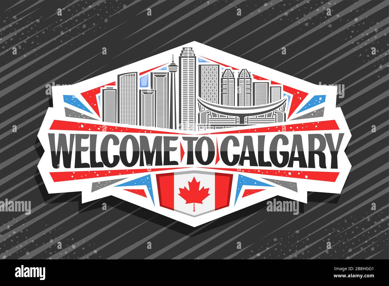 Logotipo vectorial para Calgary, pegatina decorativa blanca con ilustración de línea del paisaje contemporáneo de la ciudad de calgary sobre fondo del cielo, imán de frigorífico con crea Ilustración del Vector