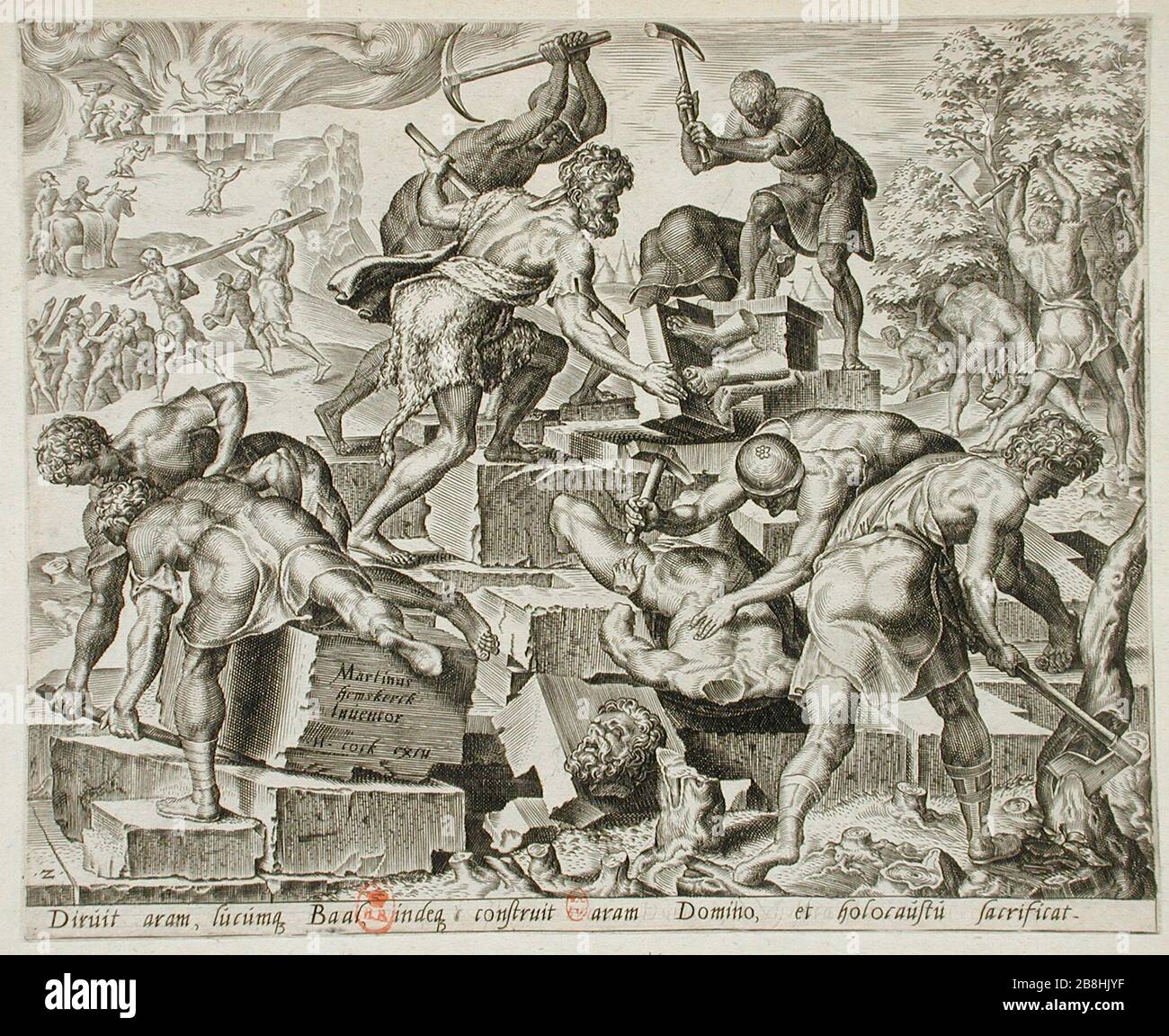 "Gedeón y sus hombres, destruyendo el altar de Baal; en inglés Holanda