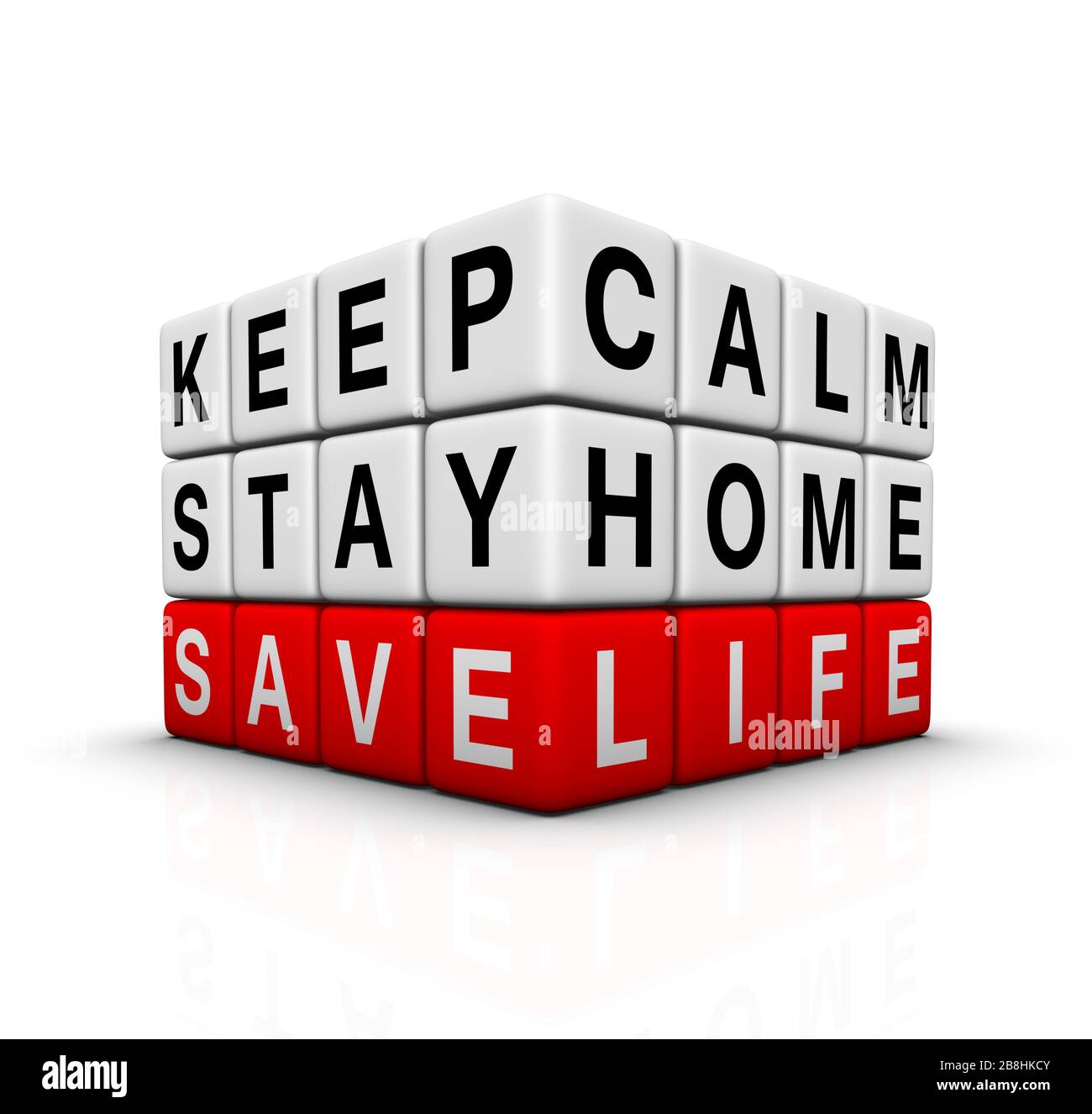 Mantenga la calma, permanezca en casa y salve la vida signo. Ilustración 3D. Foto de stock
