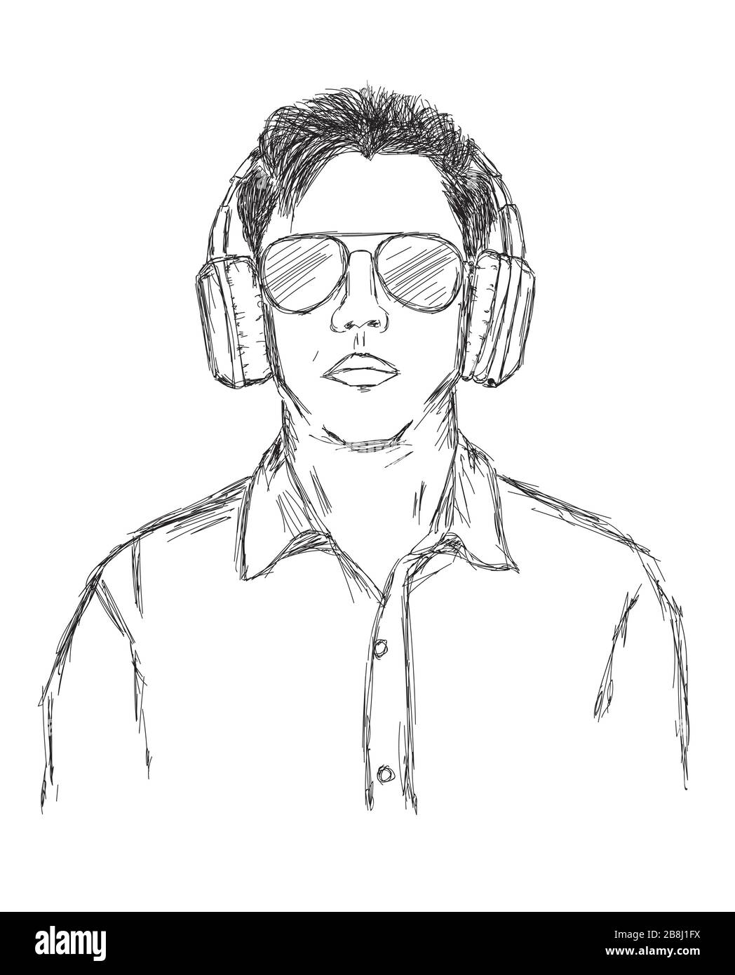 Vector Ilustración de un hombre con auriculares inalámbricos y gafas de sol Foto de stock