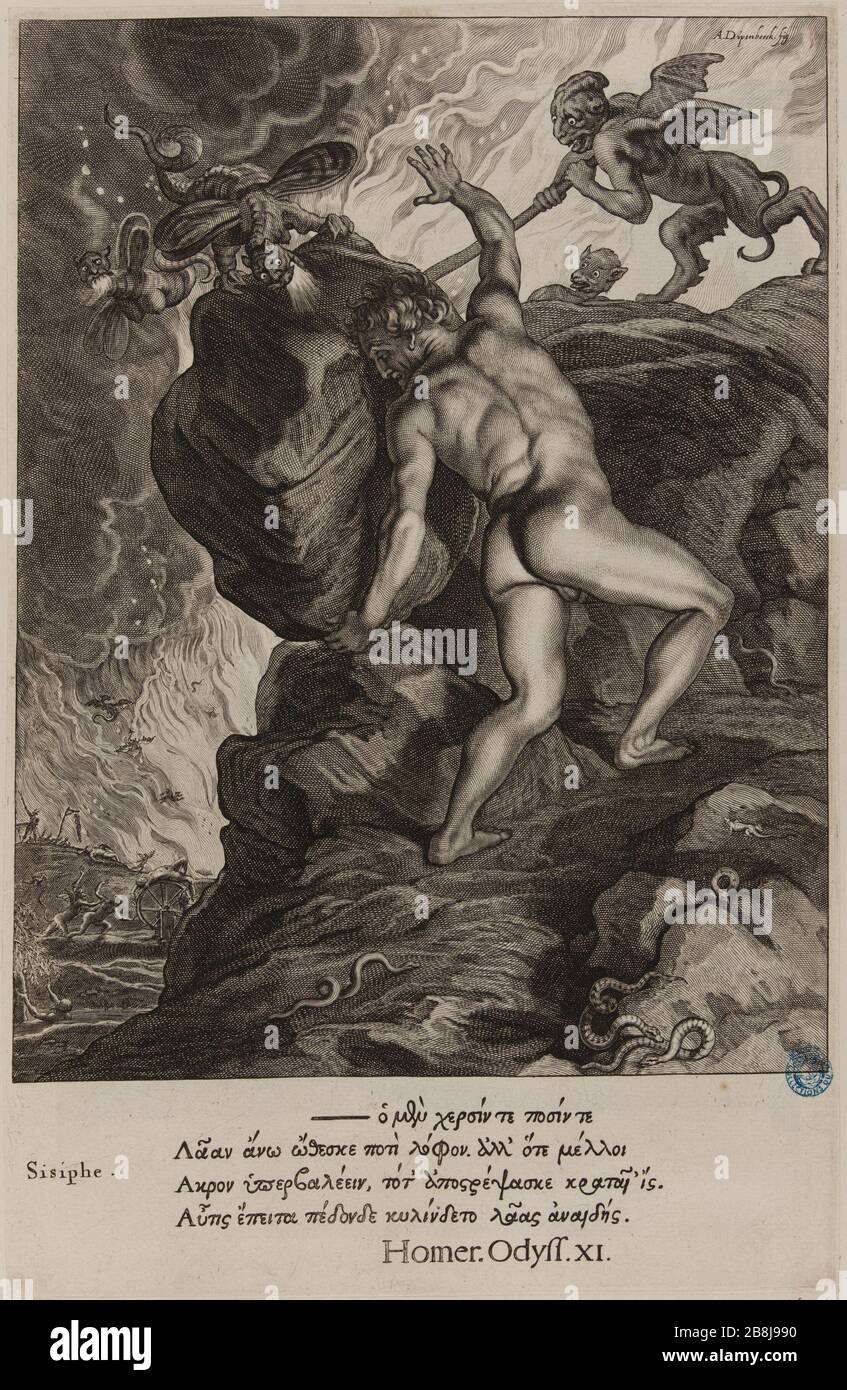 Mesa Templo de Muses Sisyphe (Dutuit P. 36, le Blanc. 146) Cornelis II Bloemaert, dit le Jeune (1603-1692). Tableau du Temple des Muses : Sisyphe (Dutuit pág. 36, le Blanc 146). Burin, XVIIe siècle. Musée des Beaux-Arts de la Ville de París, Petit Palais. Foto de stock