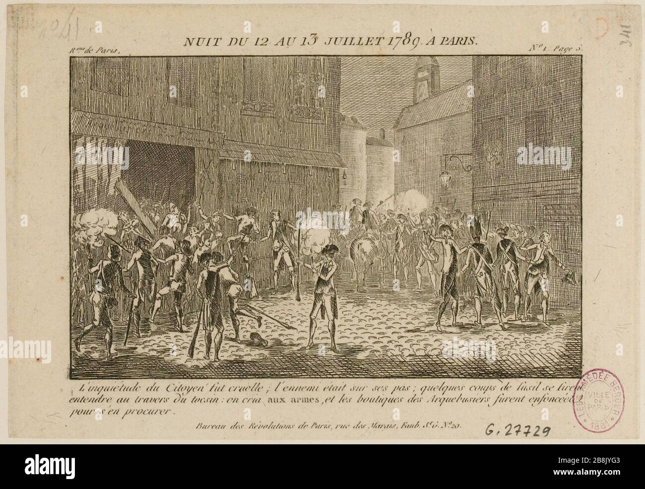Llamamiento a las armas y el saqueo de tiendas Harquebusiers por los  ciudadanos, la noche del 12 al 13 de julio de 1789. Acontecimiento de la  Revolución Francesa. (TF Fotografía de stock - Alamy