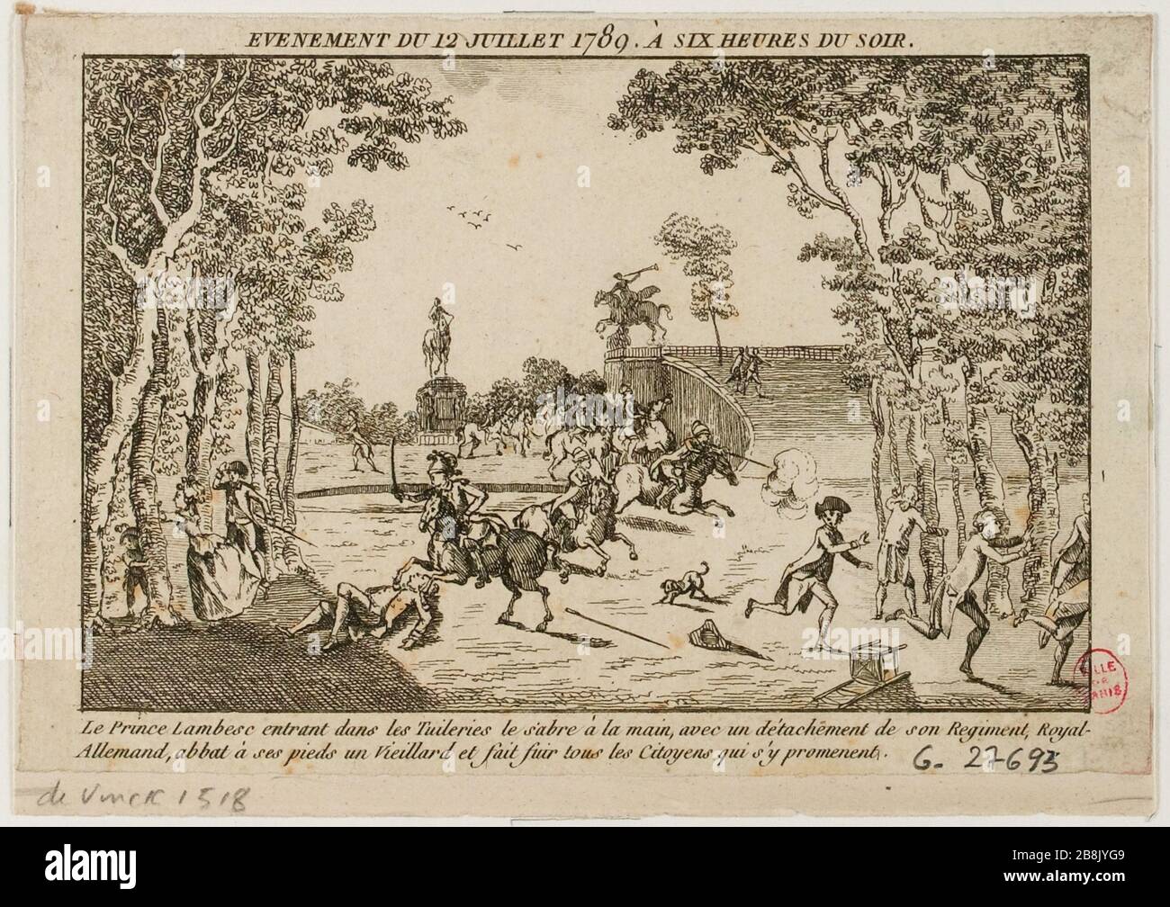 El príncipe Lambesc y sus tropas de los alemanes reales entre los Jardines de las Tullerías, golpea un sable de golpe un viejo hombre, del acontecimiento de la Revolución Francesa el 12 de julio de 1789. Distrito 1 actual. (TF) Foto de stock