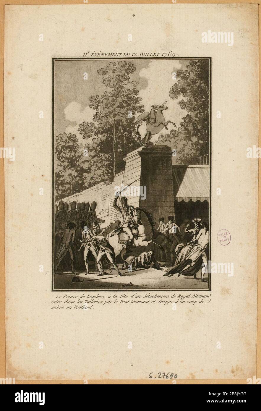 8ª colección de cuadros de grabados históricos de acontecimientos importantes desde la apertura de los Estados Generales (1789-1791). Lambesc Dragons dispersan los manifestantes evento de la Revolución Francesa del 12 de julio de 1789. (TF) Foto de stock