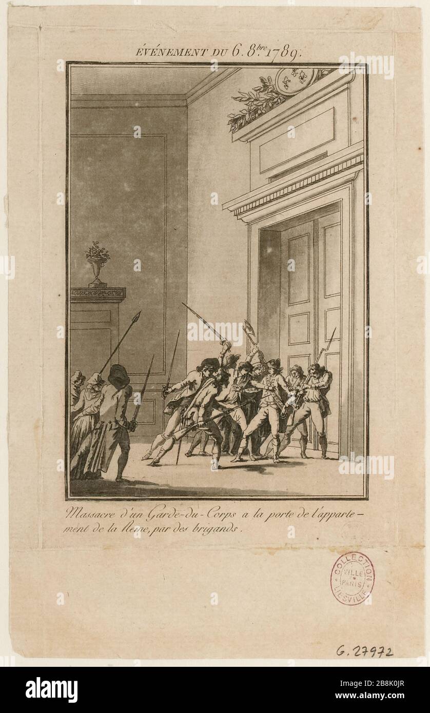 34ª colección de tablas de grabados históricos de acontecimientos importantes desde la apertura de los Estados Generales (1789-1791). Acontecimiento de la Revolución Francesa. Masacre del cuerpo de Guardia a la puerta del apartamento de la Reina en Versalles, 6 de octubre de 1789. (título falso) Foto de stock