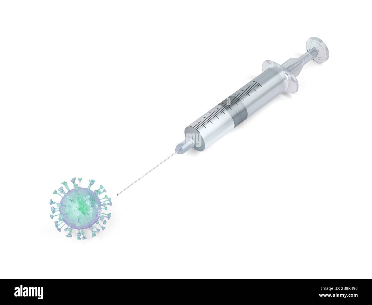 Ilustración 3D con virus y jeringa. Imagen conceptual de la enfermedad coronavirus pandemia de COVID-19. Foto de stock