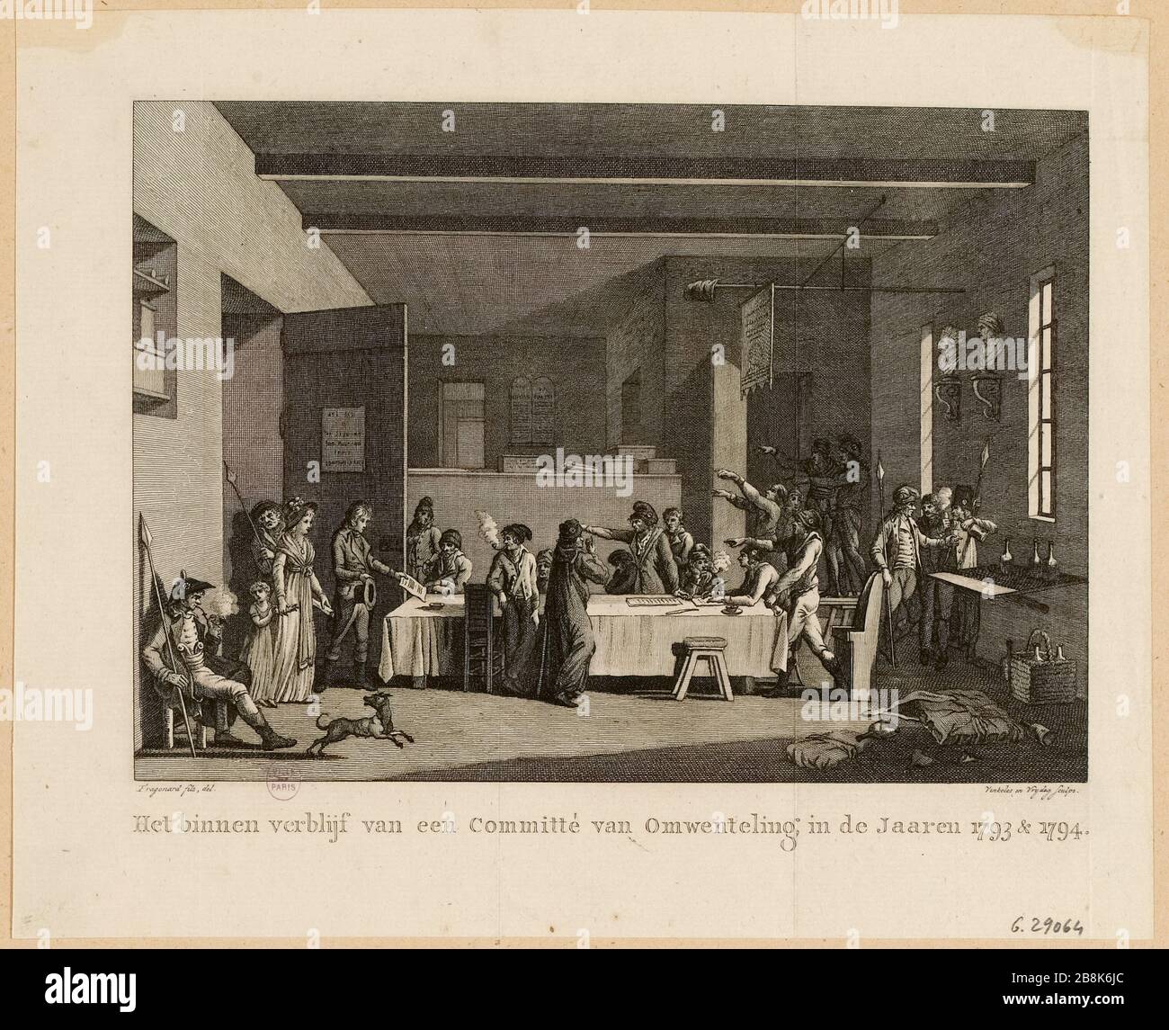 Interior de un Comité revolucionario en París (1793-1794). Placa 57 de Tafereelen van Staatsomwenteling en Frankrijk (1794-1807). Revolución francesa. (título falso) Foto de stock