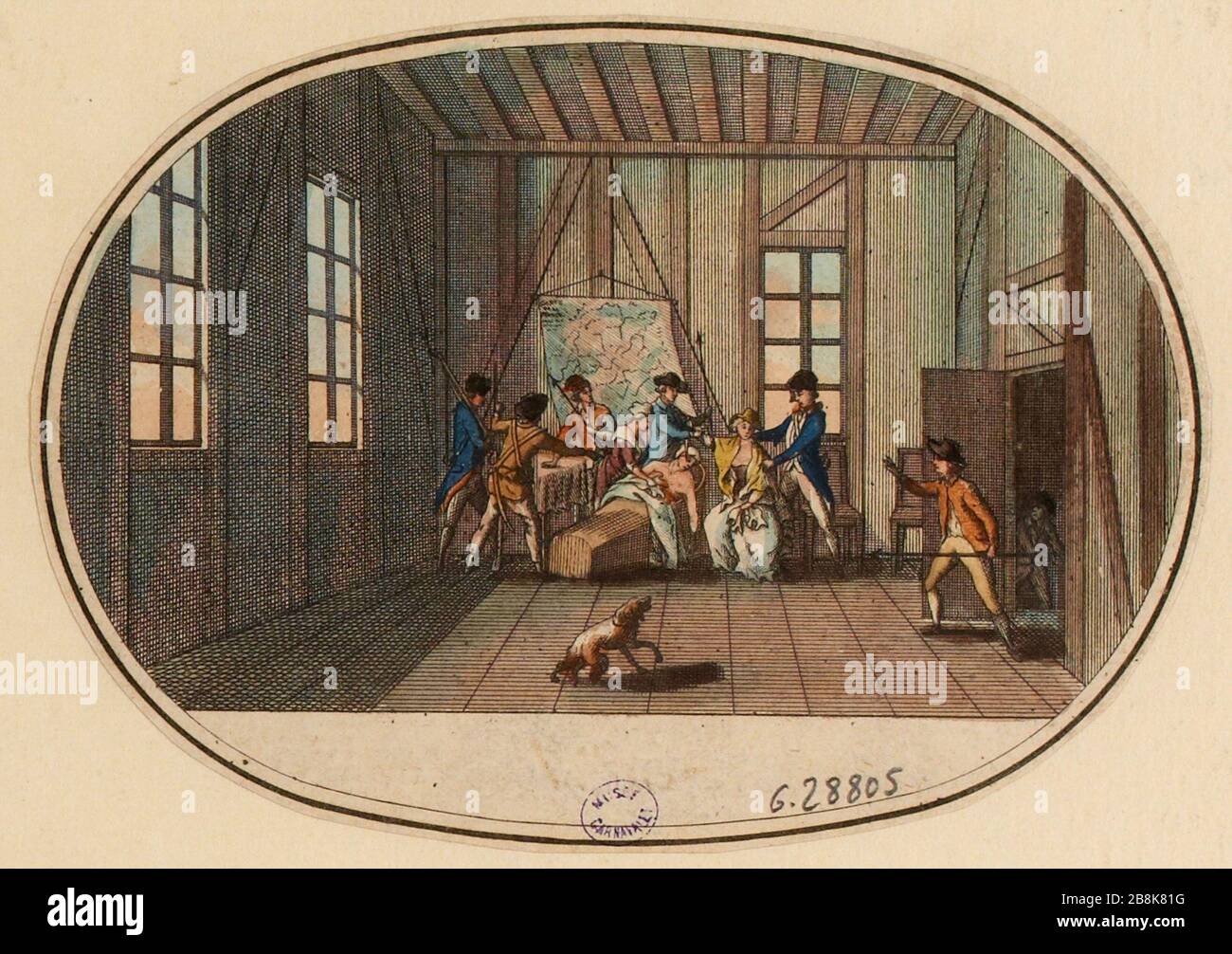 Asesinato de Jean-Paul Marat por Charlotte Corday. Simone Evrard trata de  salvar al periodista, 13 de julio de 1793 (año 25 Messidor 1). 107a mesa,  tablero 7 de la Galería de Historia