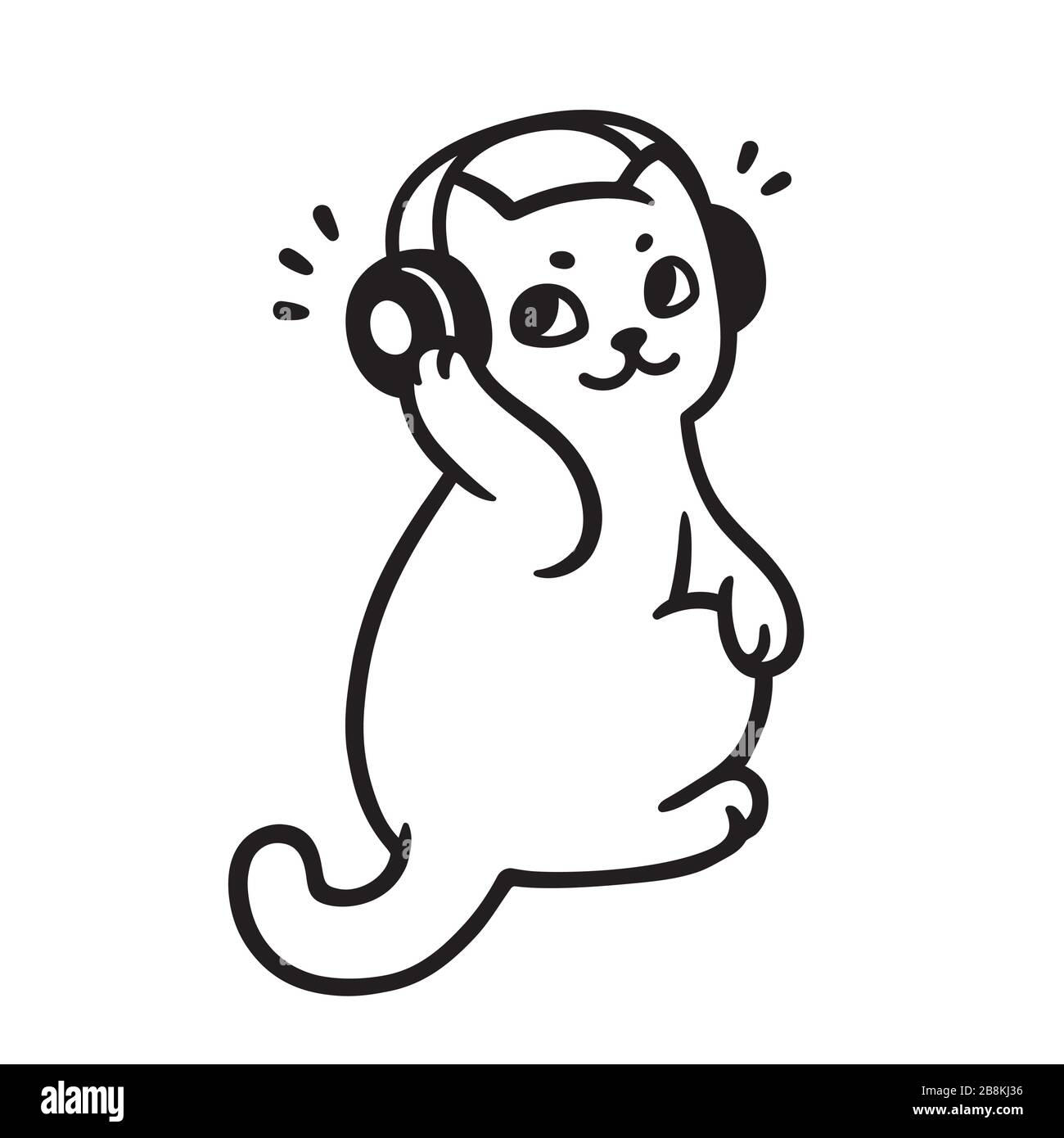 Gato de dibujos animados con auriculares que escuchan música. Lindo abanico  de música dibujo de gatito, ilustración vectorial en blanco y negro Imagen  Vector de stock - Alamy
