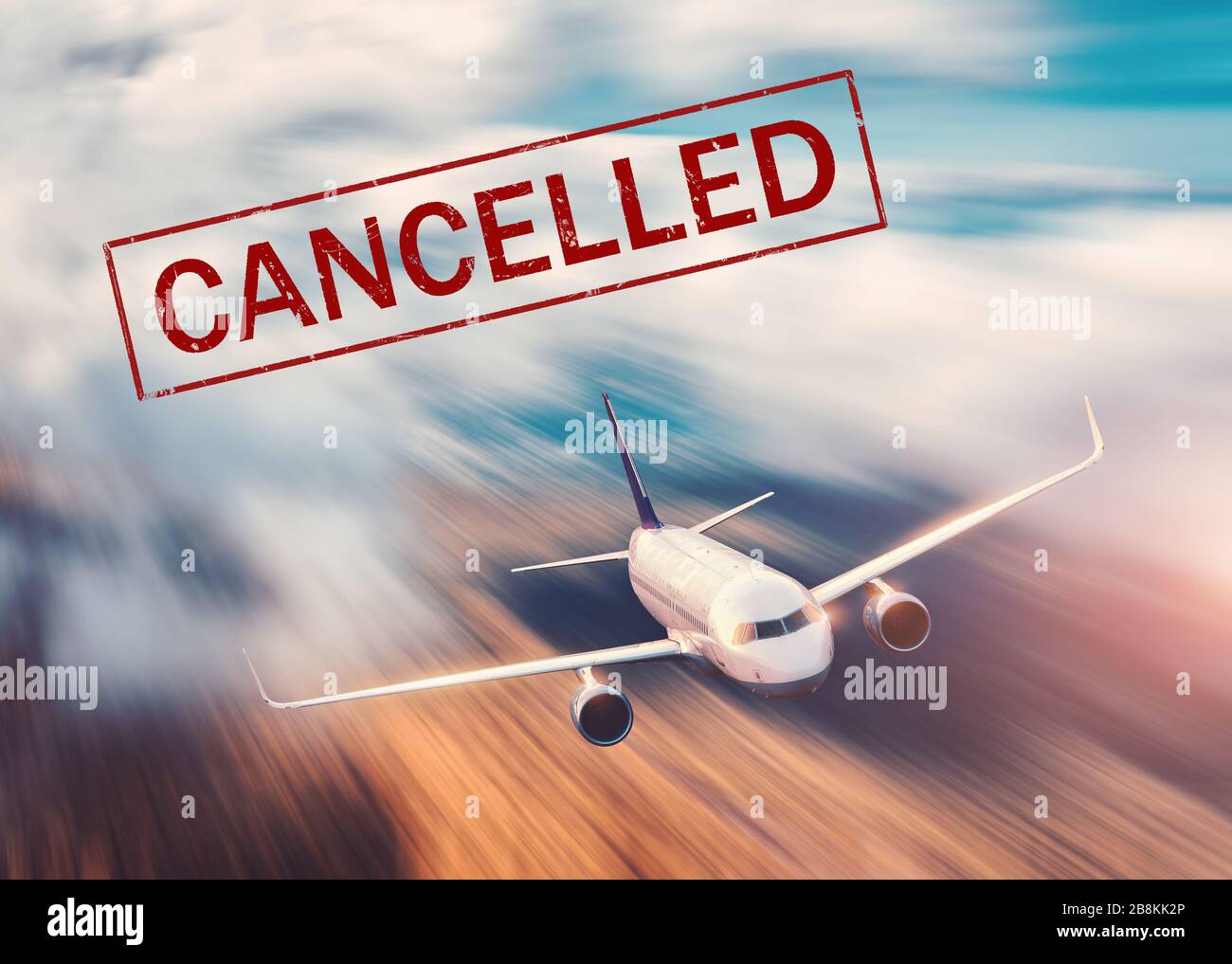 Vuelos cancelados en los aeropuertos de Europa y EE.UU. Avión con texto Foto de stock