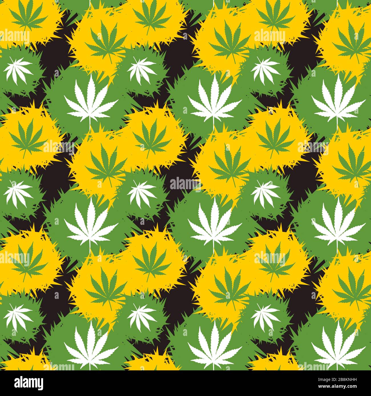 Canabis patrón sin costuras con hojas blancas en hojas verdes y verdes en amarillo. Ilustración del Vector