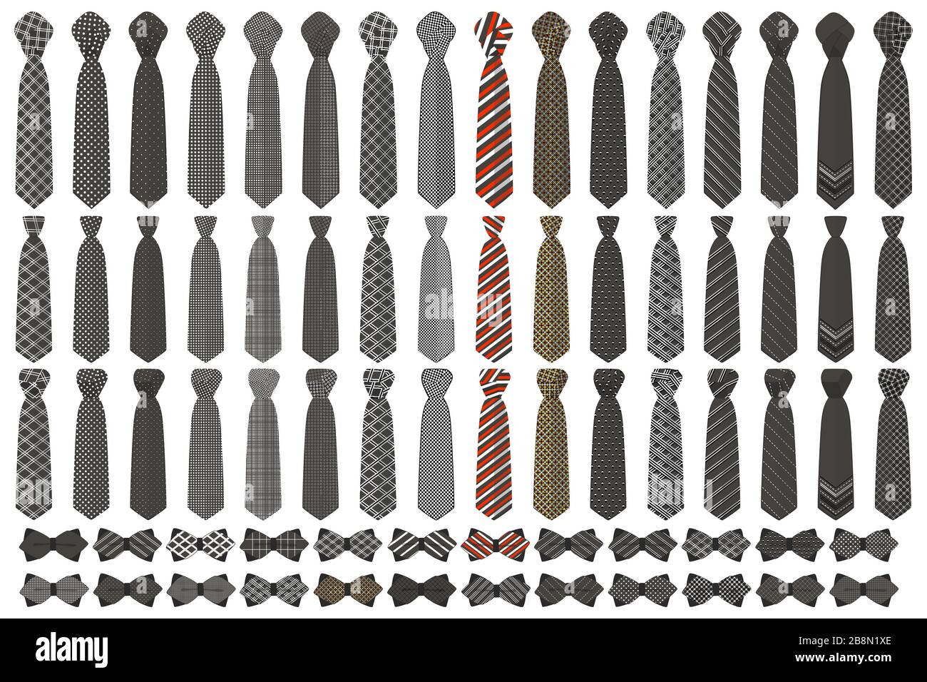 Ilustración sobre el tema grandes corbatas de color diferentes tipos,  pajarita diversos tamaños. Corbata colección compuesta de prendas textiles  pajarita para ser Imagen Vector de stock - Alamy