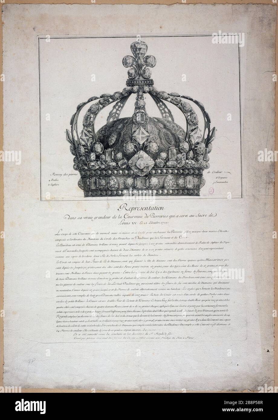 REPRESENTACIÓN EN SU VERDADERA GRANDEZA PIEDRAS DE LA CORONA QUE SIRVIERON EN SACRE LOUIS XV ANTOINE. 'Représentation dans sa vraie grandeur de la couronne de pierreries qui a servi au sacre de Louis XV le 25 octobre 1722'. Estampe. París, musée Carnavalet. Foto de stock