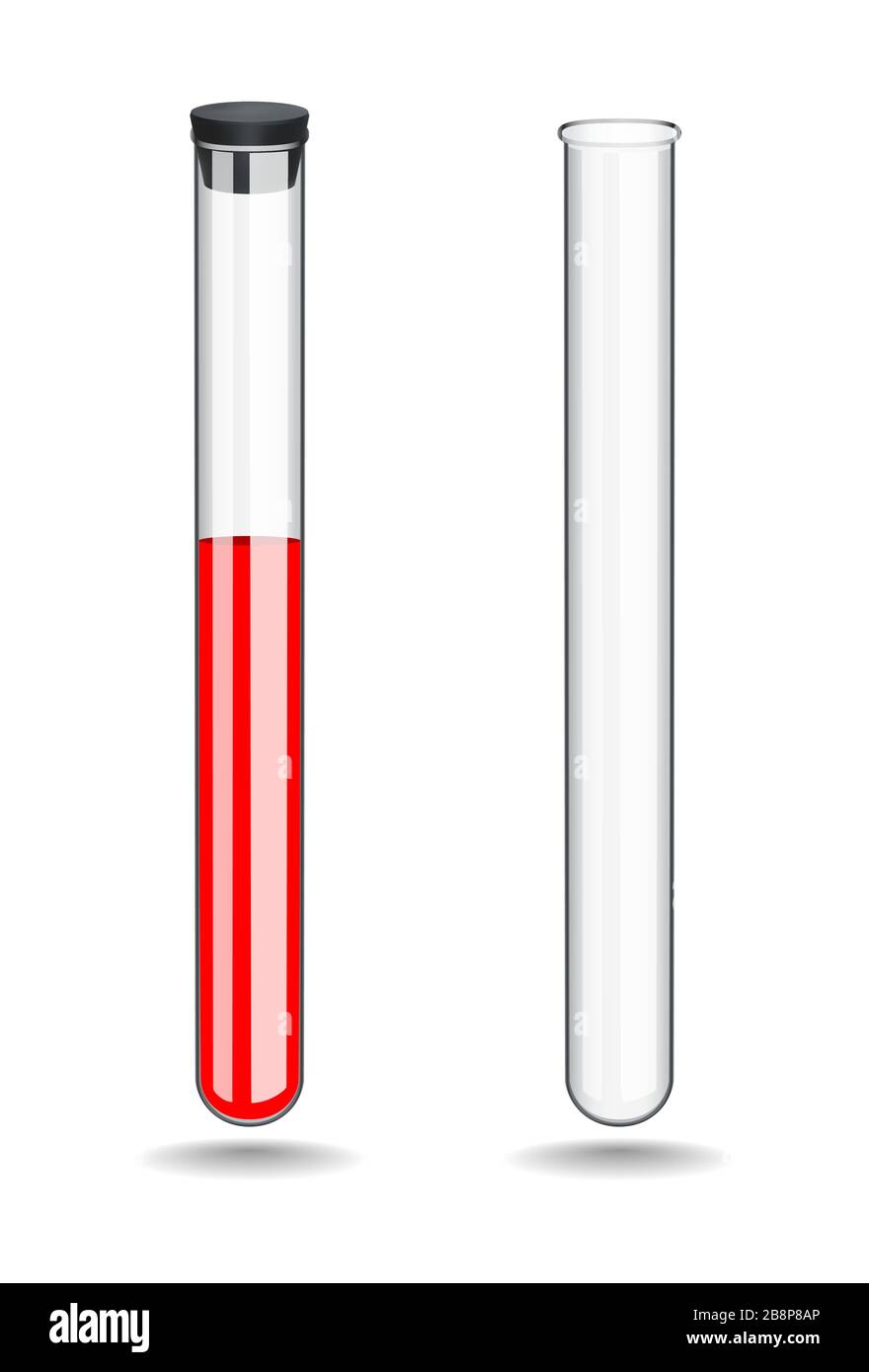 El tubo de ensayo de laboratorio de vidrio con sangre se cierra con un  tapón de goma. Vacíe el tubo sin líquido. Química, biología, medicina y  productos farmacéuticos Imagen Vector de stock -
