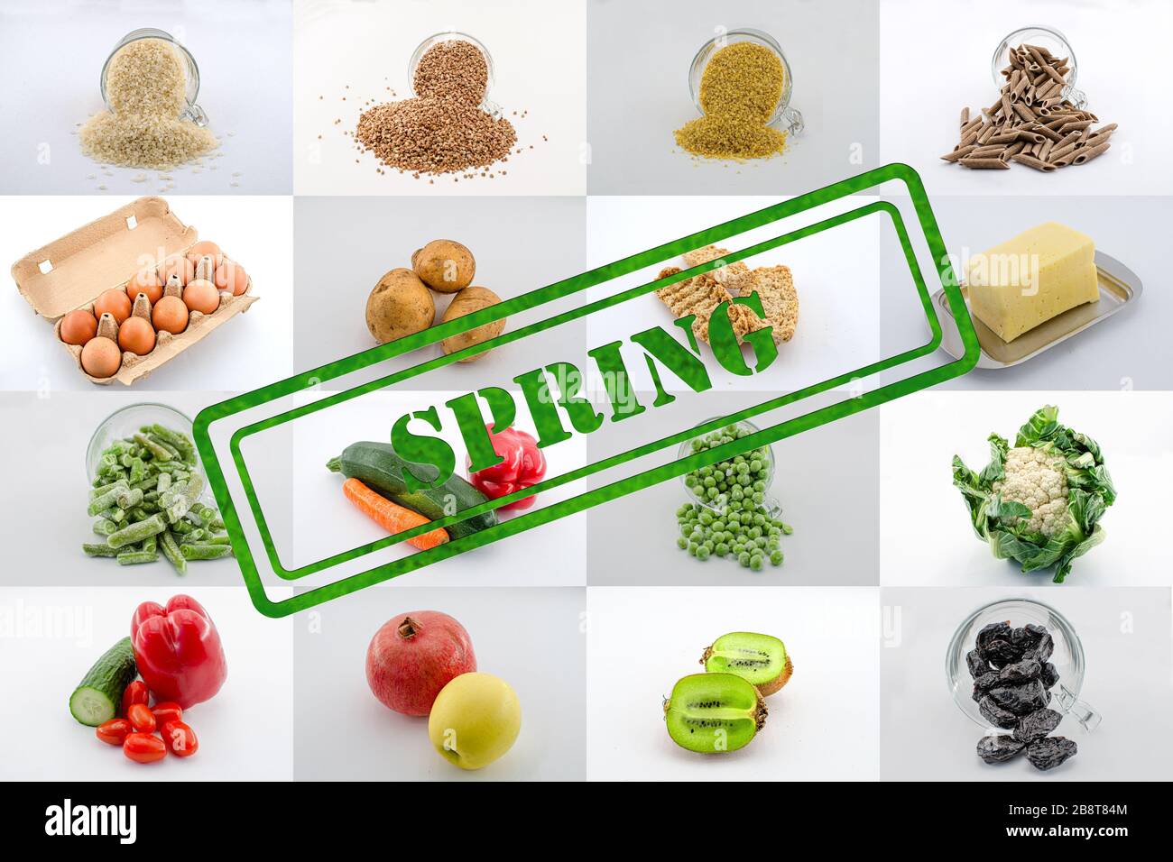 Un mosaico o collage de una variedad de plazas de comida con signo de primavera. Collage de alimentos - grañadas, frutas, verduras, queso, verduras congeladas, huevos Foto de stock
