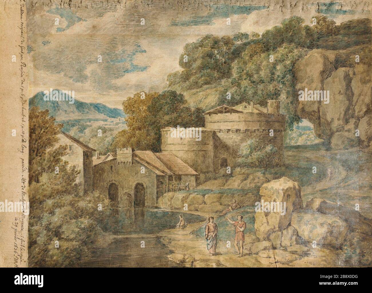 "Paisaje con fortificaciones; en inglés: Alemania, 1836 Dibujos Acuarela Hoja: 6 3/4" x 9 1/2". (17,14 x 24,13 cm); imagen: 6 3/4" x 8 5/8". (17.145 x 21.91 cm) de Regalo de Sandra y Jacob Terner (M.79.231.38) grabados y dibujos; 1836fecha QS:P571,+1836-00-00T00:00:00Z/9; ' Foto de stock