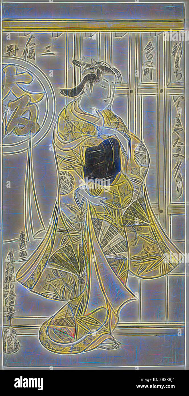 El Courtesan Yugiri de Ibarakiya, Osaka, de un tríptico de bellezas de las tres capitales, c. 1725/30, Okumura Masanobu, japonés, 1686-1764, Japón, estampado de madera a mano, hoja izquierda de tríptico de hosobán, urushi-e, 30.4 x 15.1 cm, Reimaged by Gibon, diseño de cálido brillo alegre y radiación de rayos de luz. Arte clásico reinventado con un toque moderno. Fotografía inspirada en el futurismo, abrazando la energía dinámica de la tecnología moderna, el movimiento, la velocidad y la revolución de la cultura. Foto de stock