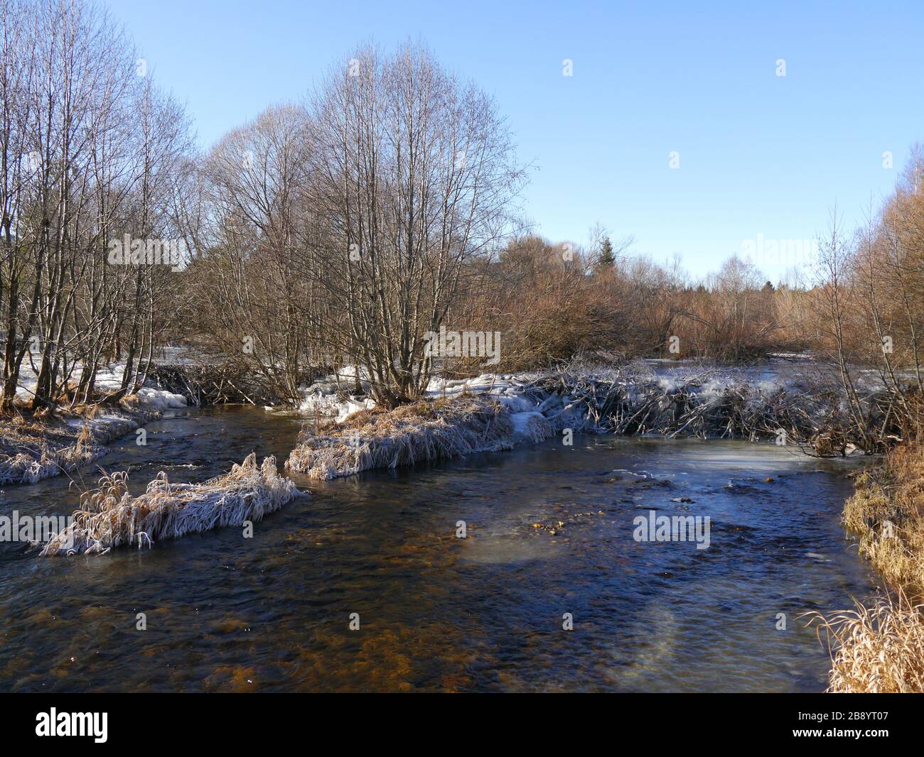 paisaje invernal con un castor lodge Foto de stock