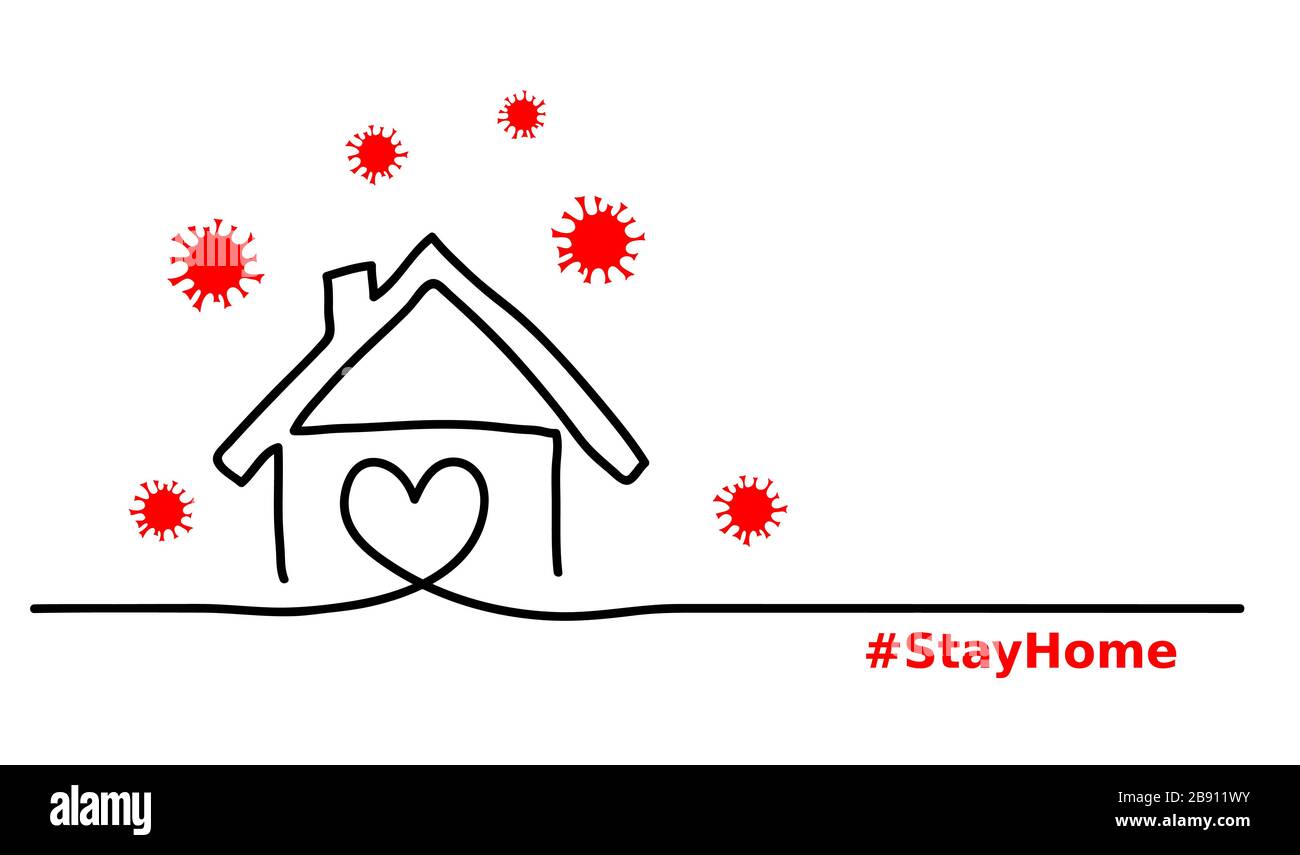 Permanecer en casa simple, minimalista negro, rojo, blanco banner web, ilustración con el hogar y el virus. Ilustración del Vector