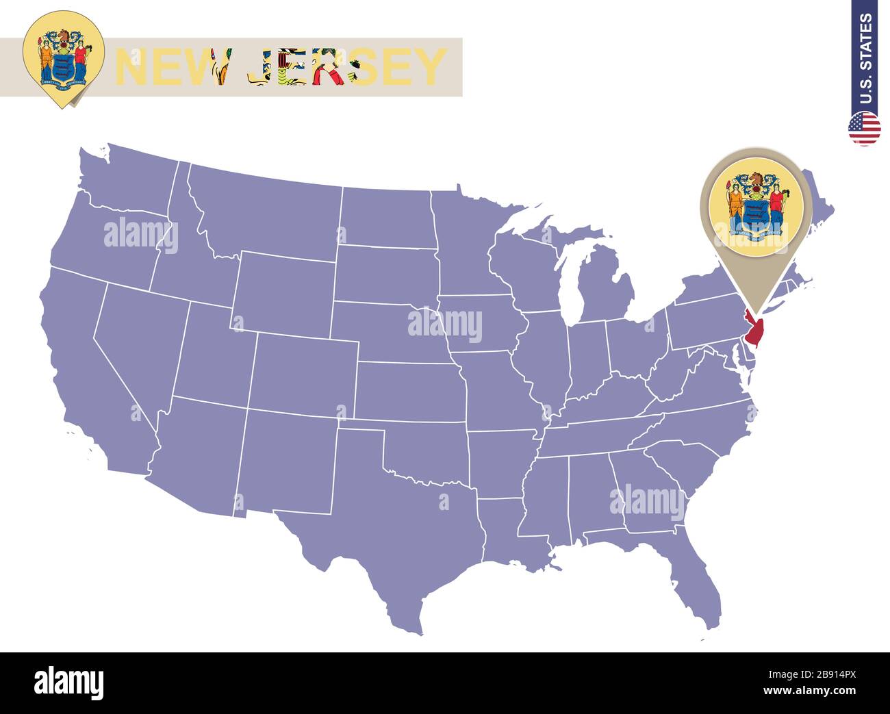 Mapa del estado de Nueva Jersey en EE.UU. Bandera y mapa de Nueva Jersey. Estados UNIDOS. Ilustración del Vector