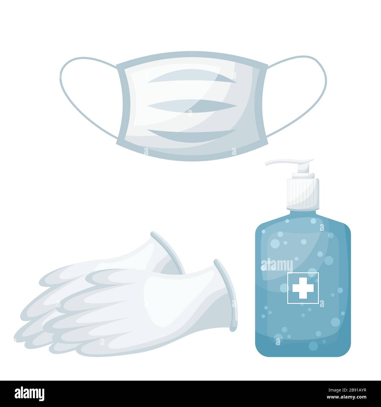 Juego de higiene personal, mascarilla facial con guantes médicos y desinfectante de manos. Ilustración vectorial Ilustración del Vector
