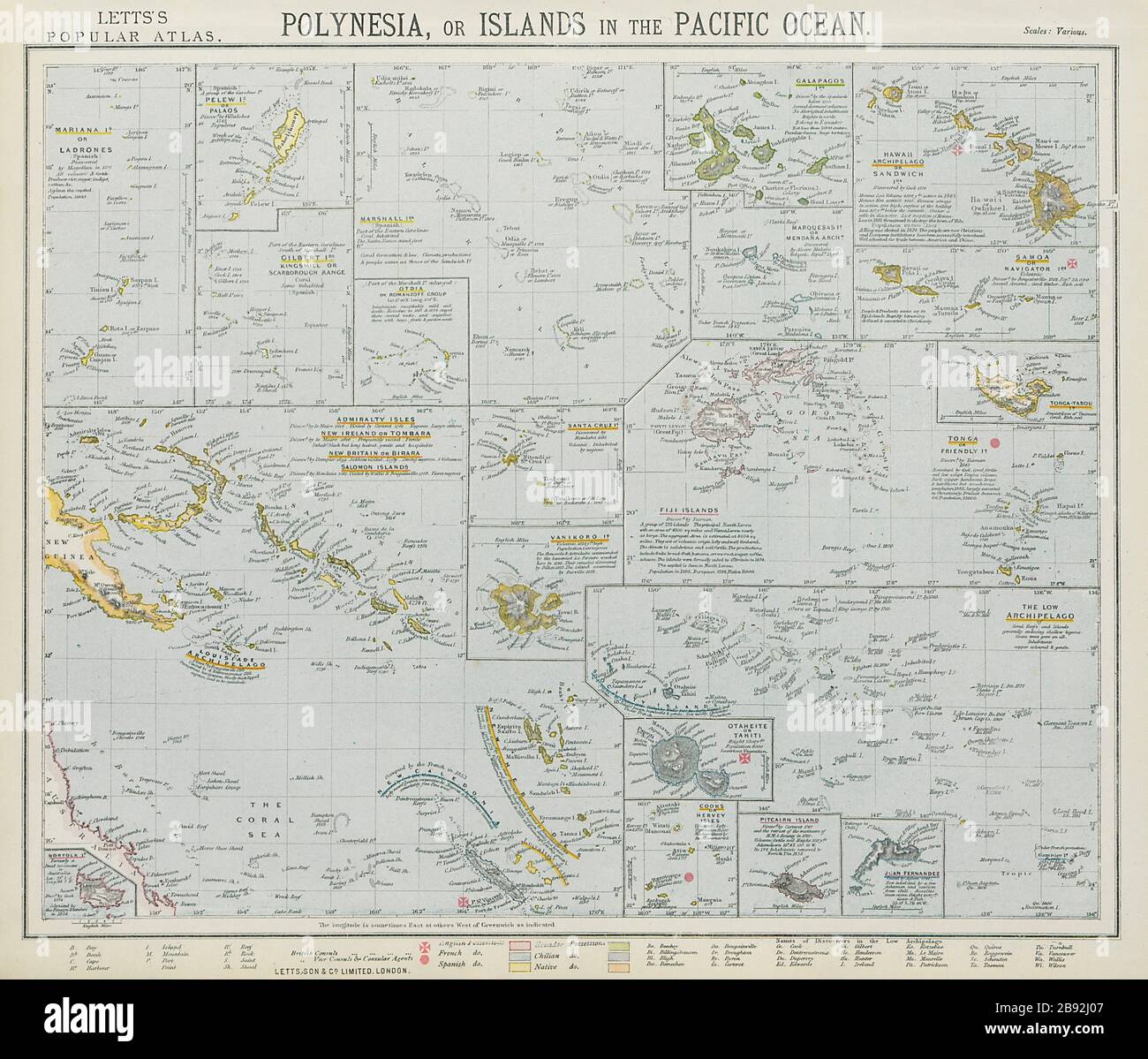 Islas DEL PACÍFICO Polinesia Hawaii Samoa Fiji Tahití Galápagos. Mapa DE LETTS 1884 Foto de stock