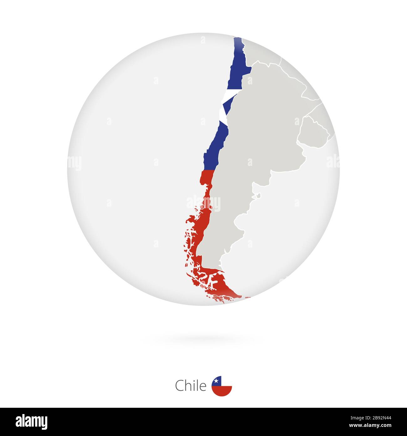 Mapa de Chile y bandera nacional en círculo. Chile mapa de contorno con