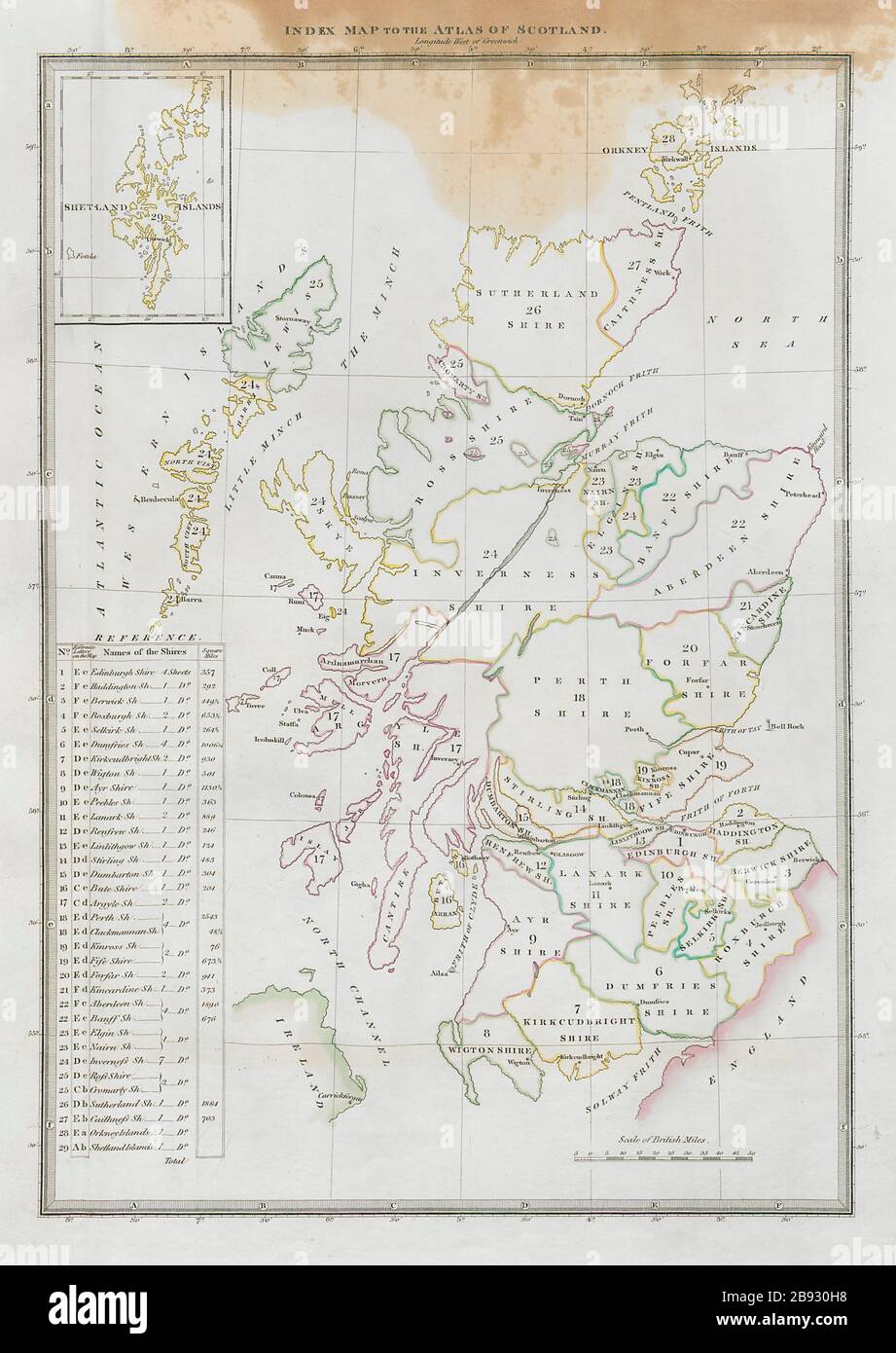 Mapa del índice del Atlas de Escocia. Condados/Shires. THOMSON 1832