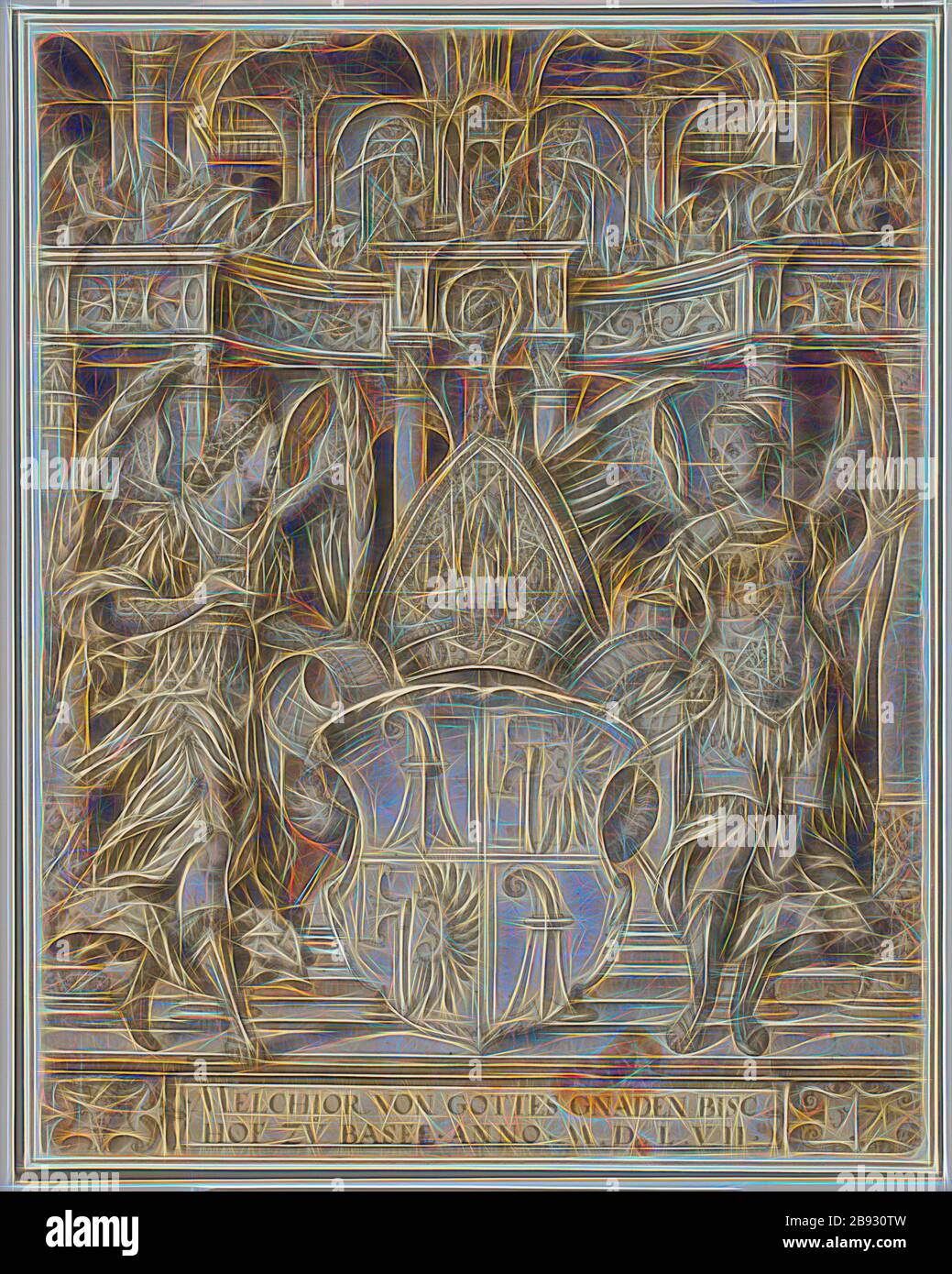 Ruptura de disco con dos ángeles como asistentes de escudo y el escudo de  armas del Melchior von Lichtenfels, Príncipe Obispo de Basilea, por encima  de Angel Concerto, 1557, pluma en gris-negro,