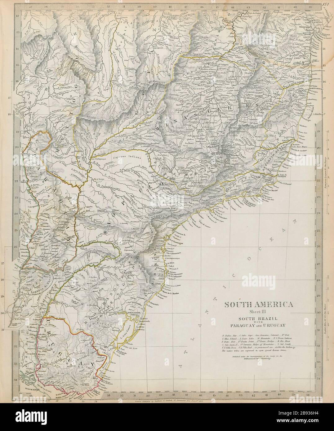 SUR DE BRASIL CON PARAGUAY Y URUGUAY. Mapa Bahía Minas Gerais Sao Paolo SDUK 1844 Foto de stock