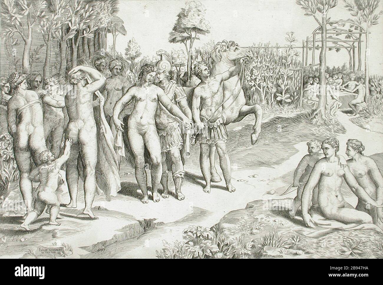 "Ruggero en el jardín de Alcina; en inglés: Italia, circa 1545 imprime; grabados el grabado de la hoja: 13 1/2 x 19 1/8 pulg. (34,29 x 48.58 cm); imagen: 9 1/4 x 13 1/2 pulg. (23,5 x 34,29 cm) María Ruiz Stansbury legado (M.88.91.232) grabados y dibujos; circa 1545 fecha QS:P571,+1545-00-00T00:00:00Z/9,P1480,Q5727902; ' Foto de stock