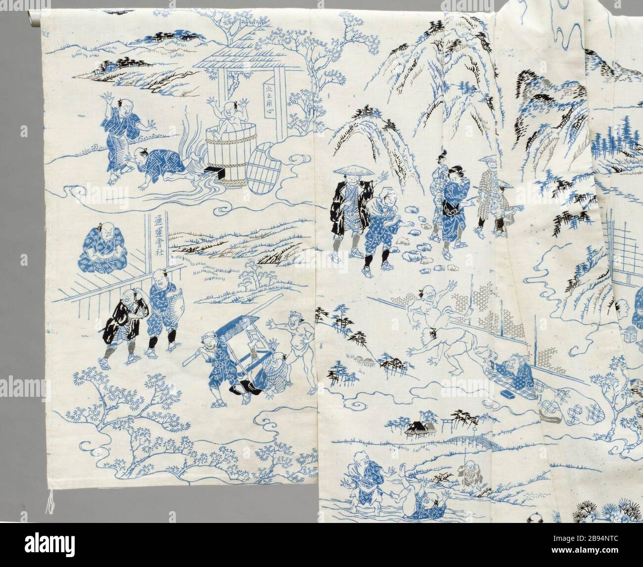 "Summer Kimono (Yukata) con ilustraciones de la novela '1802' del vástago Hizakurige (Mare) por Ikku Jipensha (1765-1831) (Imagen 8 de 9); Inglés, Japón: El periodo Edo, trajes de principios del siglo XIX; el principal atuendo (cuerpo entero) de ligamento tafetán, de algodón estampadas pegar-resistir tintura (katazome); crepe de seda (chirimen) forro posterior Central Duración: 55 1/2". (140.97 cm) Textiles y Vestuario Deaccession Fund (M.2006.37.6) Vestuario y Textiles; a principios del siglo XIX; ' Foto de stock
