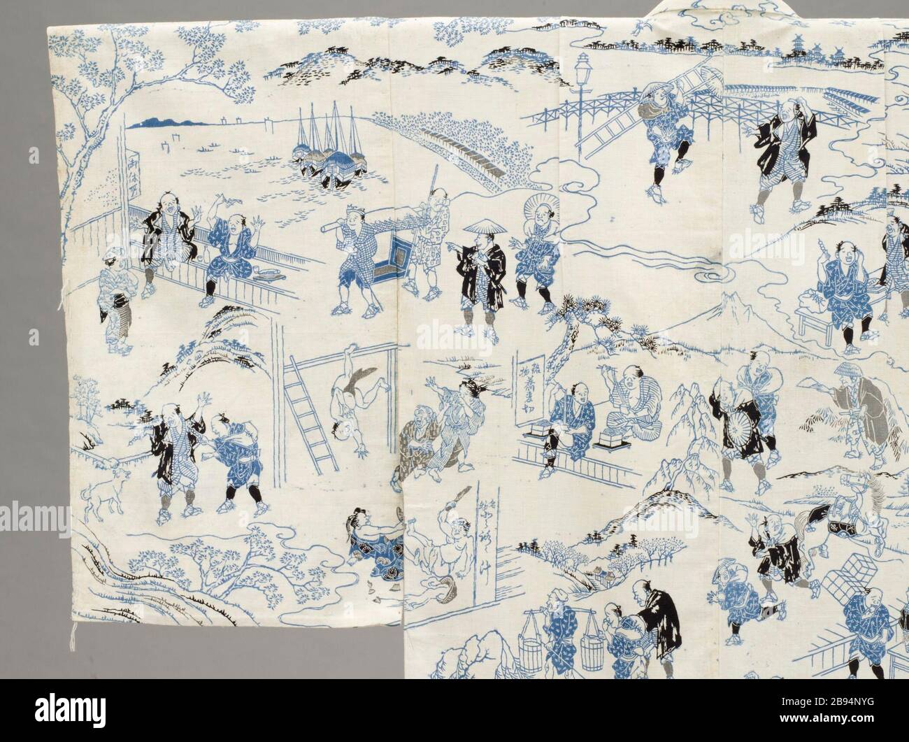 "Summer Kimono (Yukata) con ilustraciones de la novela '1802' del vástago Hizakurige (Mare) por Ikku Jipensha (1765-1831) (Imagen 4 de 9); en inglés: Japón, durante el período Edo, trajes de principios del siglo XIX; el principal atuendo (cuerpo entero) de ligamento tafetán, de algodón estampadas pegar-resistir tintura (katazome); crepe de seda (chirimen) forro posterior Central Duración: 55 1/2". (140.97 cm) Textiles y Vestuario Deaccession Fund (M.2006.37.6) Vestuario y Textiles; a principios del siglo XIX; ' Foto de stock