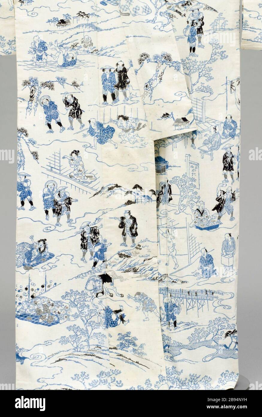 "Summer Kimono (Yukata) con ilustraciones de la novela '1802' del vástago Hizakurige (Mare) por Ikku Jipensha (1765-1831) (Imagen 9 de 9); Inglés, Japón: El periodo Edo, trajes de principios del siglo XIX; el principal atuendo (cuerpo entero) de ligamento tafetán, de algodón estampadas pegar-resistir tintura (katazome); crepe de seda (chirimen) forro posterior Central Duración: 55 1/2". (140.97 cm) Textiles y Vestuario Deaccession Fund (M.2006.37.6) Vestuario y Textiles; a principios del siglo XIX; ' Foto de stock