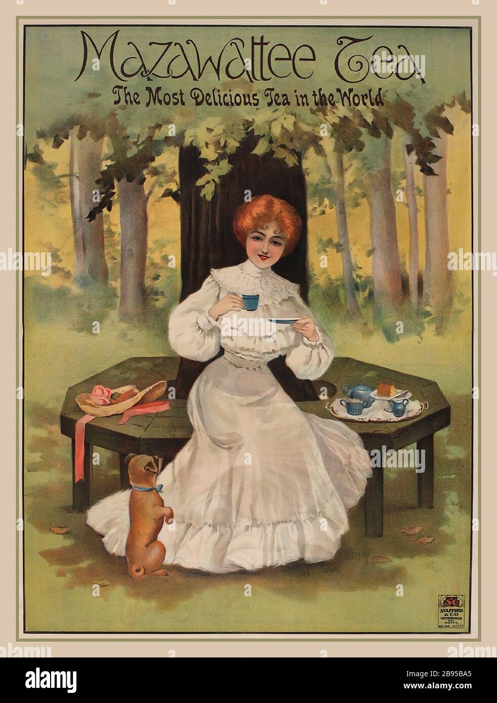 1900s Antiguo Cartel de té británico Litograph Publicidad British Victorian Mazawattee té 'el té más delicioso en el mundo' Stafford Printers UK Foto de stock