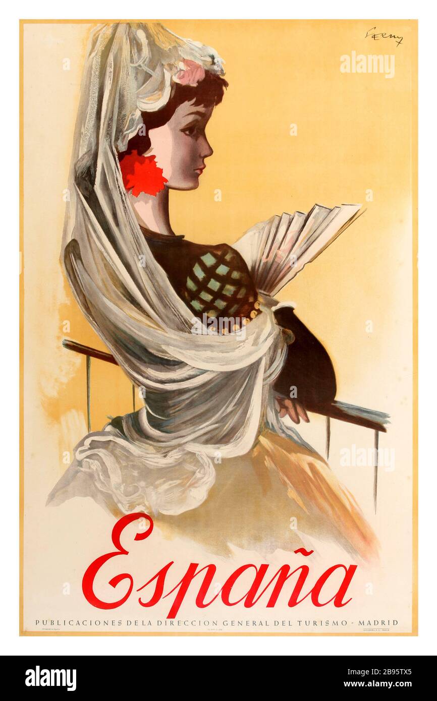 Vintage 1950s Spain Travel anunciando poster publicado por el Patronato de  Turismo Español - España. Arte con elegante dama española vestida de ropa  tradicional sosteniendo un ventilador con un mantón sobre su