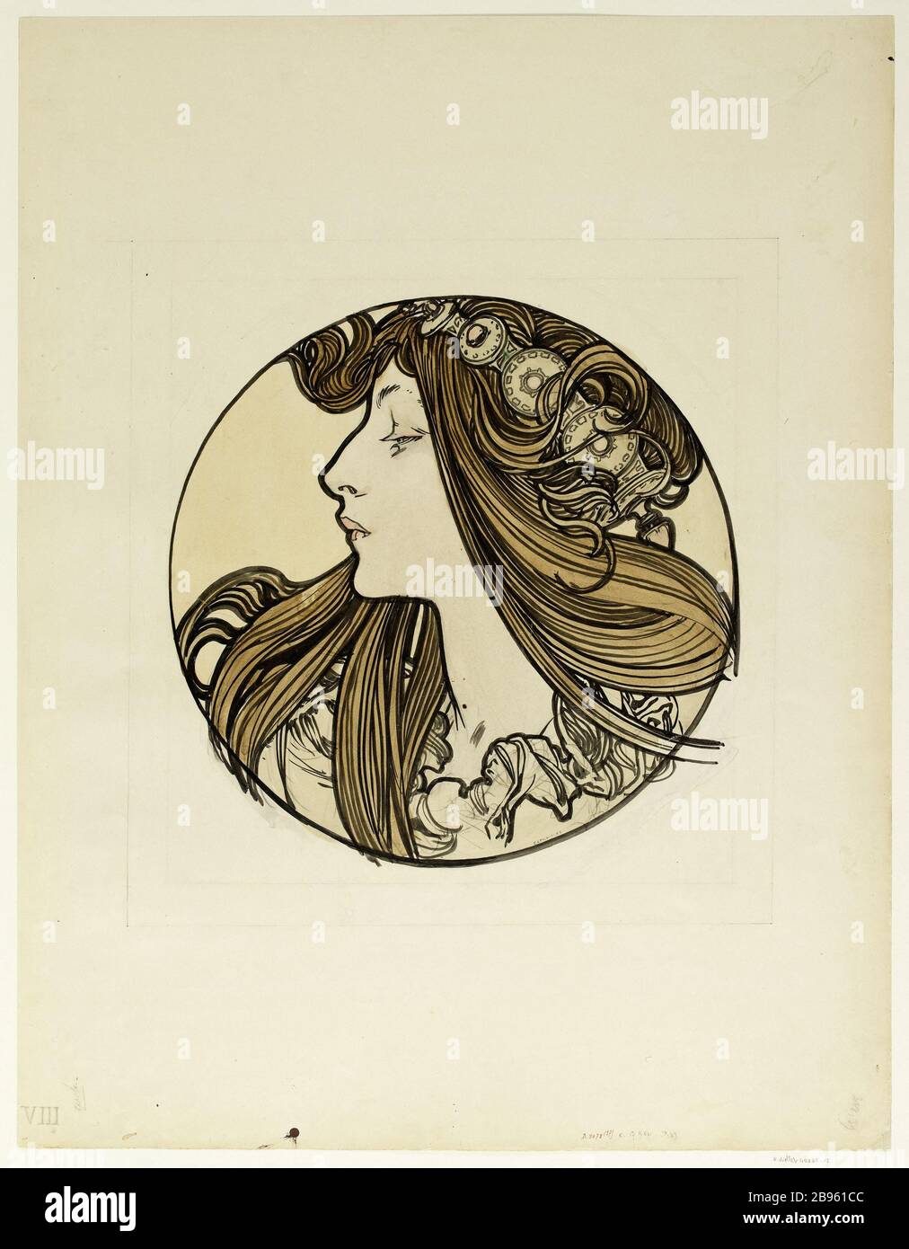 Vidrieras para la fachada de la tienda Fouquet Alphonse Mucha (1860-1939). 'Vitrail pour la fachada de la boutique Fouquet'. Crayón, pinceau, lavis, aquarelle. París, musée Carnavalet. Foto de stock