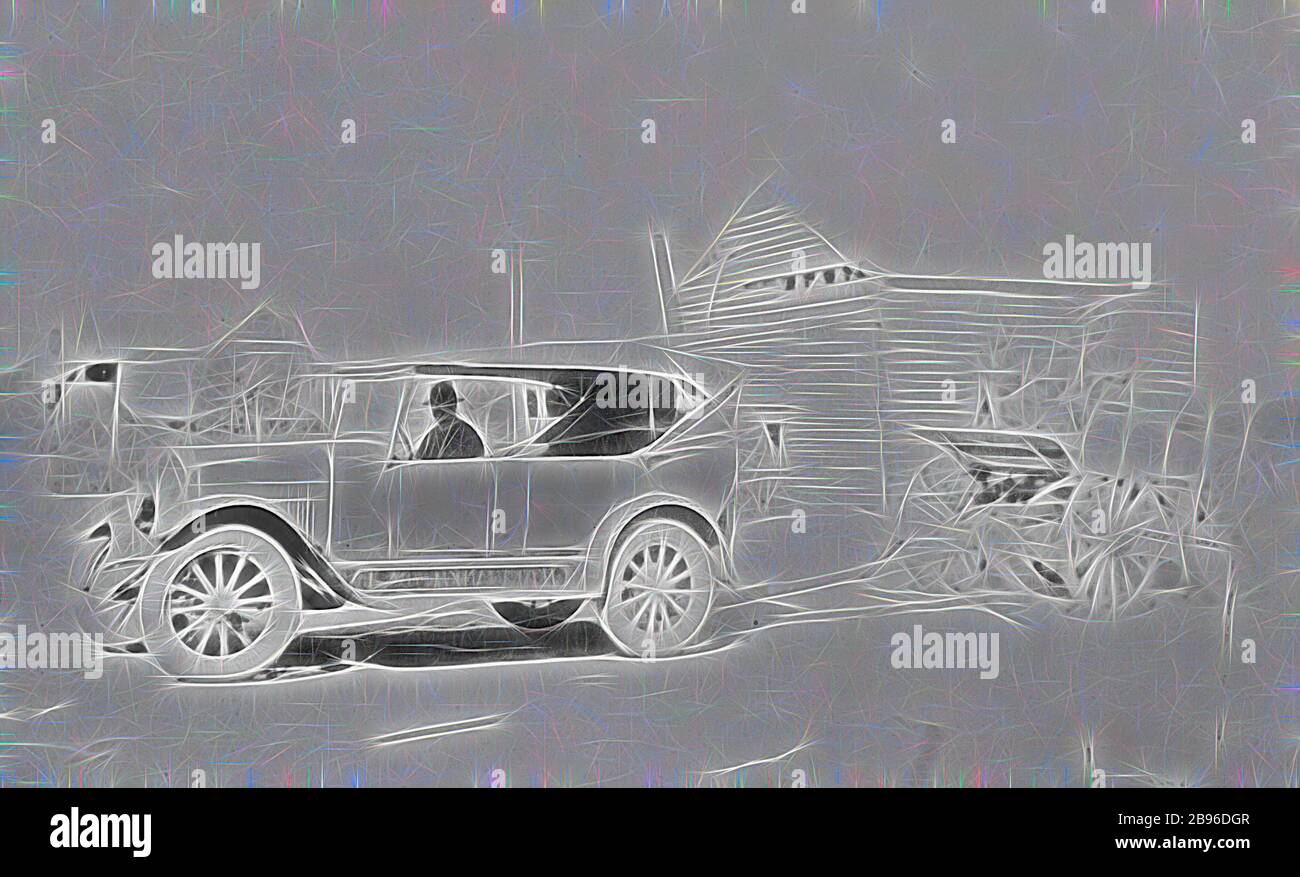 Negativo - Mittyack, Victoria, 1928, un coche que remolca un vagón que lleva un tanque de agua. Están recogiendo agua. Hay un gran edificio de madera en el fondo., Reimaged by Gibon, diseño de cálido y alegre brillo de los rayos de luz. Arte clásico reinventado con un toque moderno. Fotografía inspirada en el futurismo, abrazando la energía dinámica de la tecnología moderna, el movimiento, la velocidad y la revolución de la cultura. Foto de stock